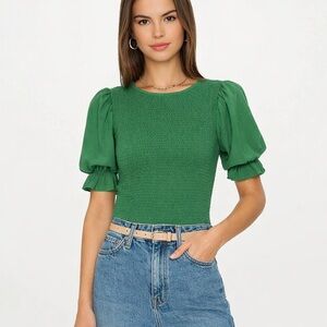 Nation Ltd Smocked Bardot Pima Cotton Green Puff Sleeve 70s era Blouse Size S